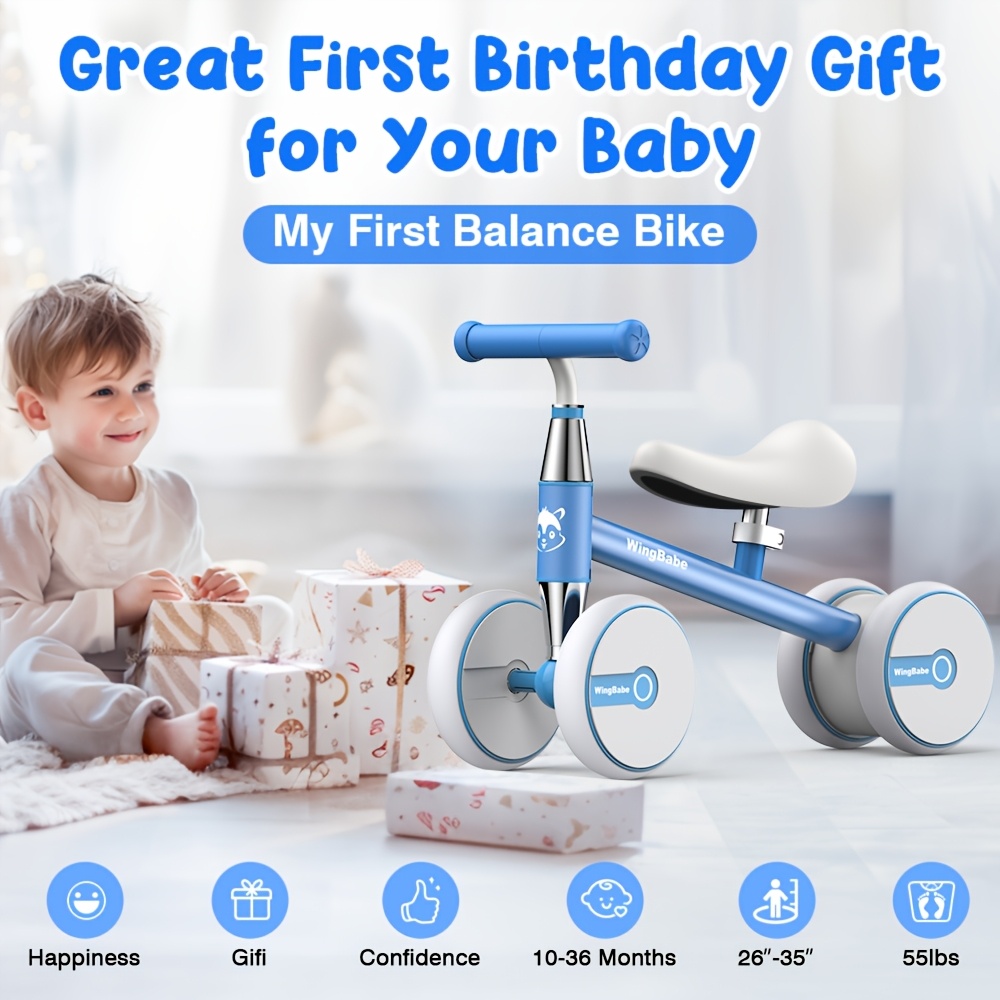 Baby Balance Bike for Toddlers 10-36 Months, 4-Wheel First Ride Bike for Boys and Girls, Multiple Colors