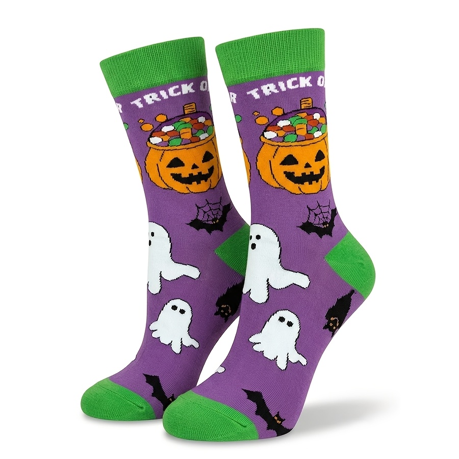 TEMU 1 Pair Men's Halloween Candy Pumpkin Crew Socks Printed With Classic "trick Or Treat" Slogan, Creative Novelty Gift, Breathable & Comfortable