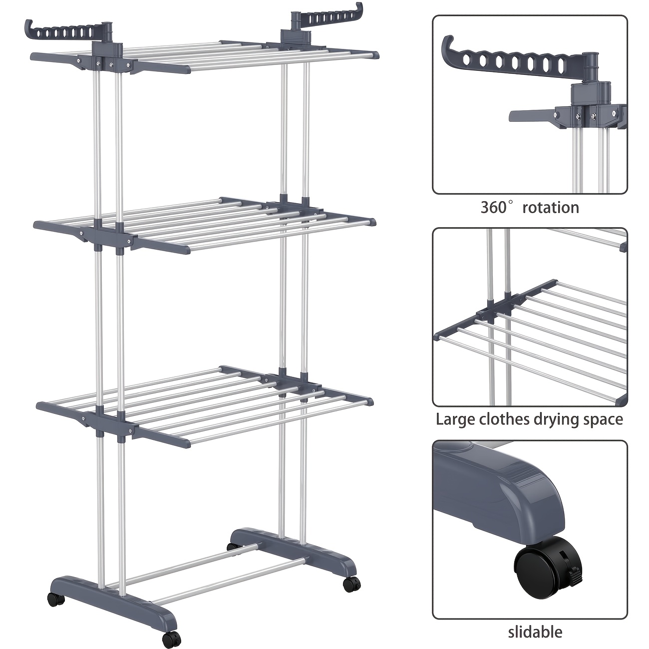 Image of Foldable Stainless Steel Clothes Drying Rack, 3-tier Rolling Laundry Dryer Stand With Wheels, Large Capacity Indoor Outdoor Garment Hanging Rack, Drying Racks