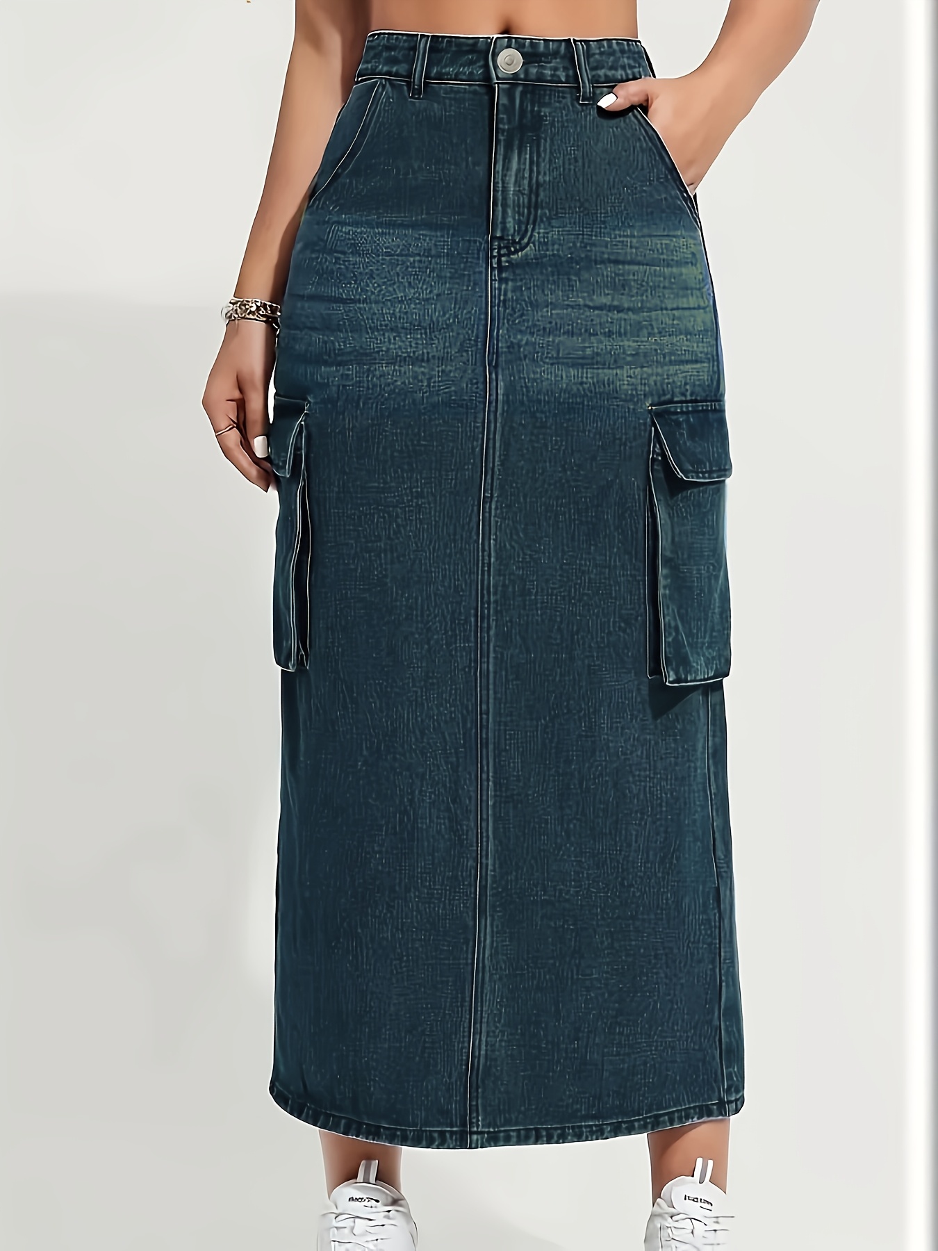 high waisted washed denim midi skirt with pockets casual straight leg cargo style stretch fabric machine washable spring summer fall womens fashion casual denim skirt spring summer skirt nontransparent material jean skirt 0