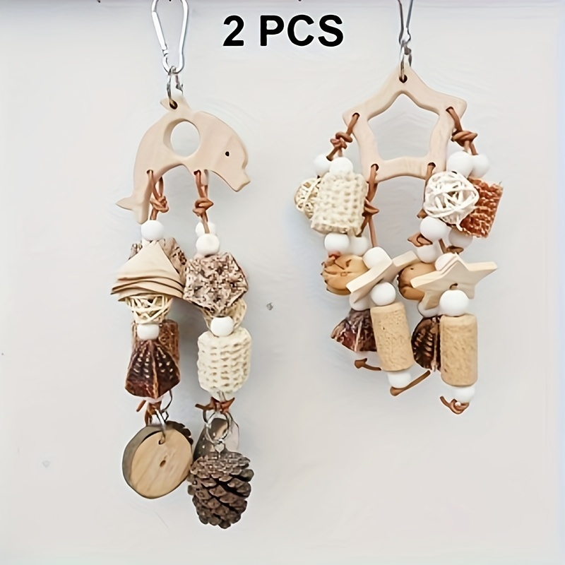 TEMU 2pcs Wooden Parrot Chew Toys - Dolphin & Star-shaped Bird Cage Accessories With Pine Cones And Corn For Health, Natural Playthings