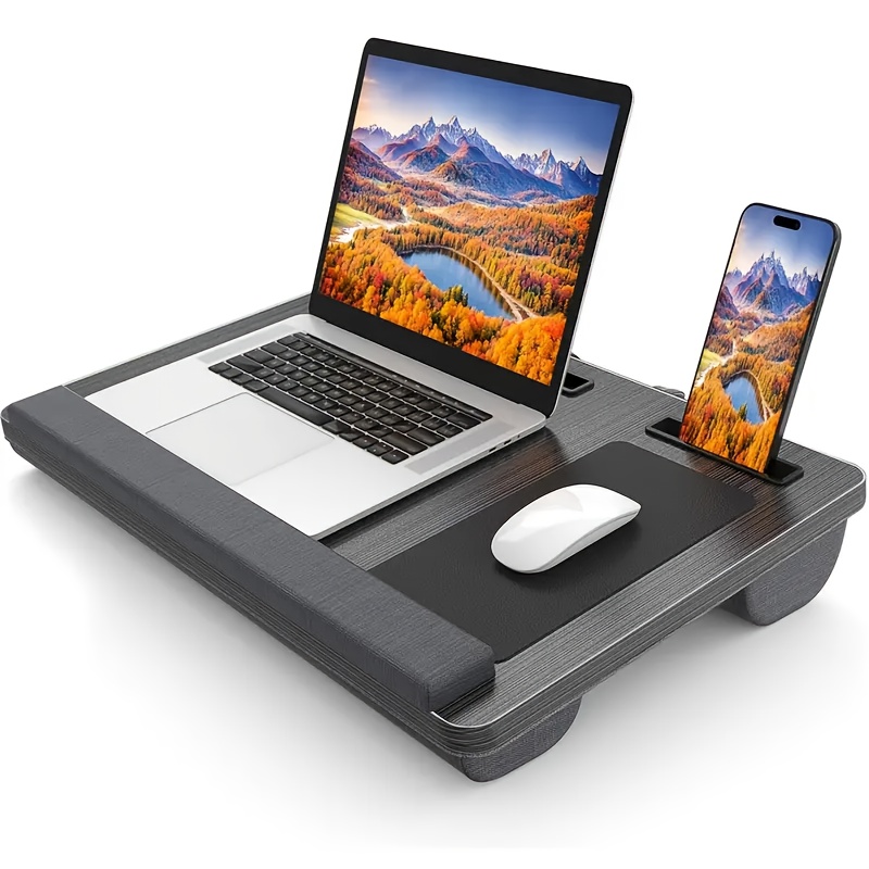 TEMU Bureau Portable Polyvalent pour Adultes - de Lit en Bois Pliable avec -poignet, Tapis de Souris, Emplacements pour Tablette & Téléphone, et