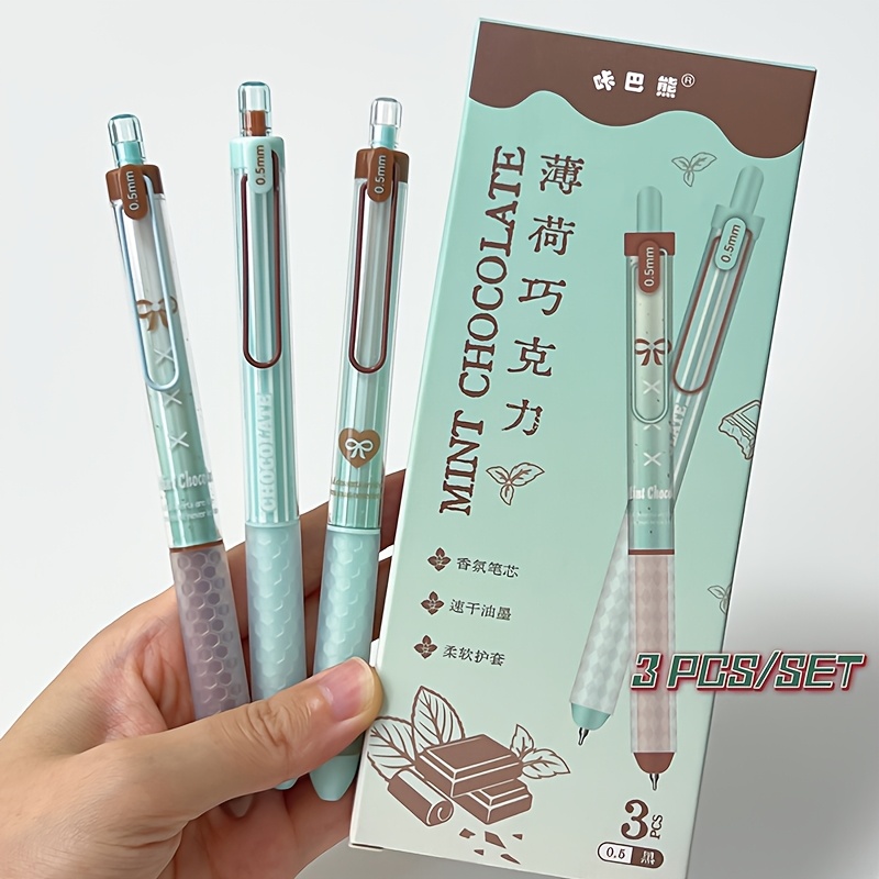 TEMU 3pcs Kbx Mint Chocolate Retractable Pens 0.5mm Black Gel Pens Student School Stationery
