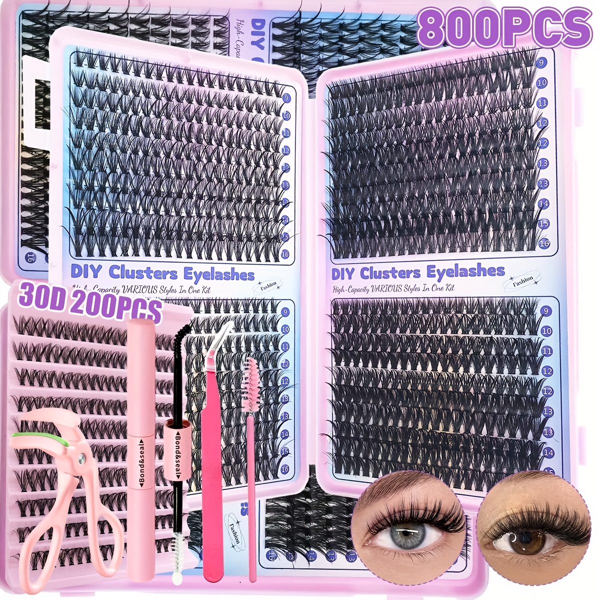 200/800pcs Eyelash Extensions Kits with Glue& Tweezers& Lash Brush& Eyelash Curler, Exquisite Gift Set Beautiful Gift, New Year Gift, Wedding, Music Festival, Thanksgiving Day