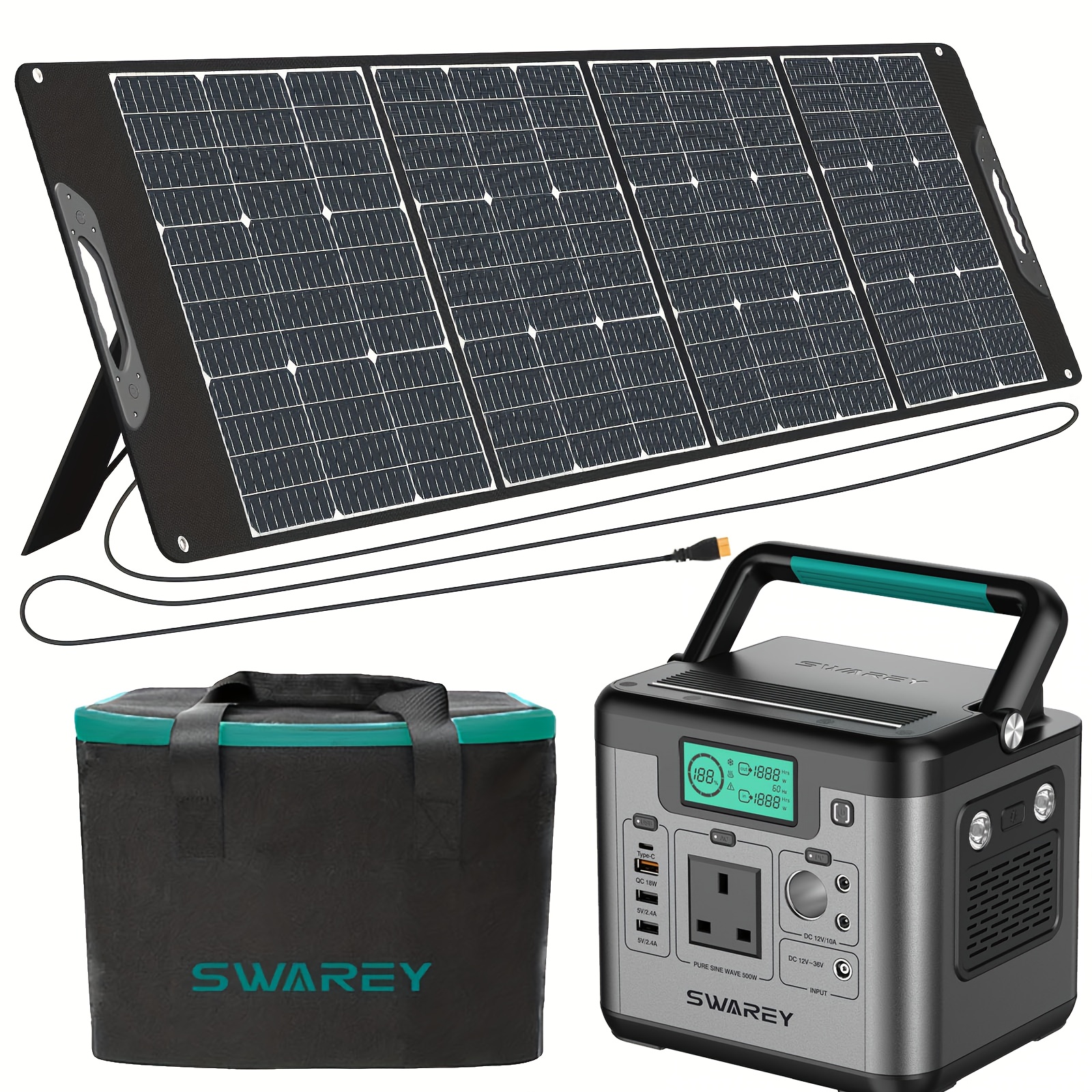 TEMU Swarey Portable Power Bank With 200w Solar Panel, Power Station 518 Wh, Solar Generator 500w Ac Output, 65 W Usb-c Port, Power Generator Battery