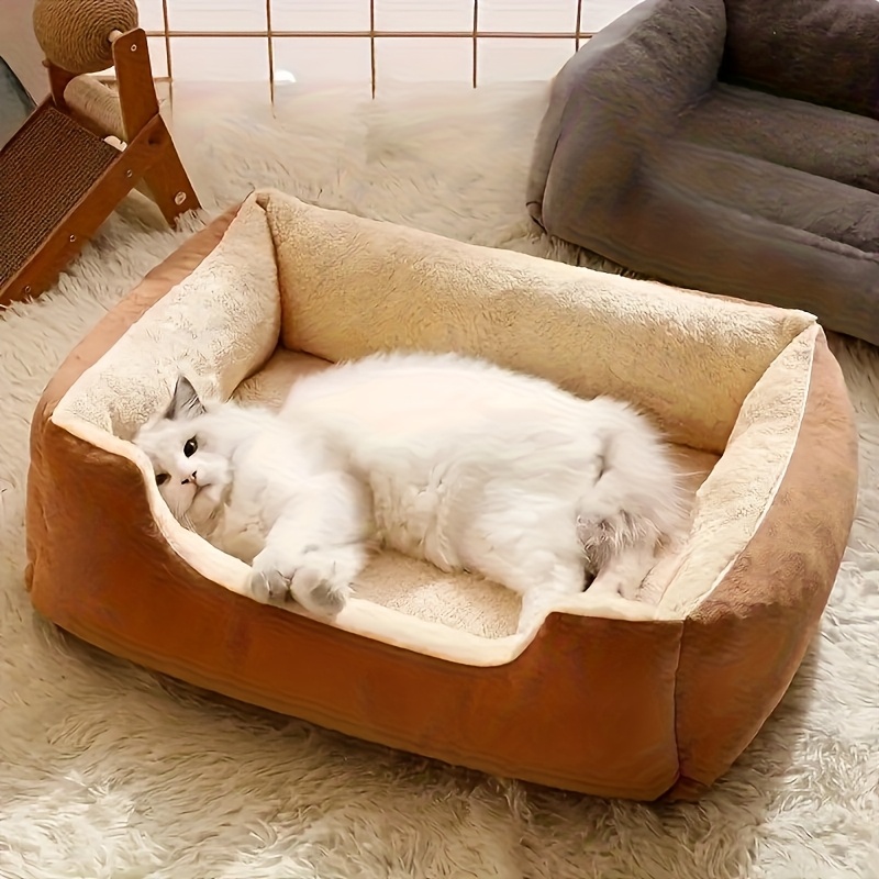 plush square pet bed beige brown soft fluffy cushioned mattress like interior   design easy clean polyester pad for cats small dogs rabbits guinea   indoor outdoor use in living room bedroom balcony ideal for apartments homes space saving square bed   durable fabric cat owners Product details 4