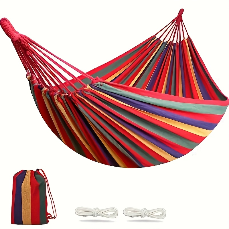 TEMU Canvas Hammock, Outdoor Hammock, Thickened Curved Rod Canvas Hammock With Red And , Camping Hammock, Outdoor Gear