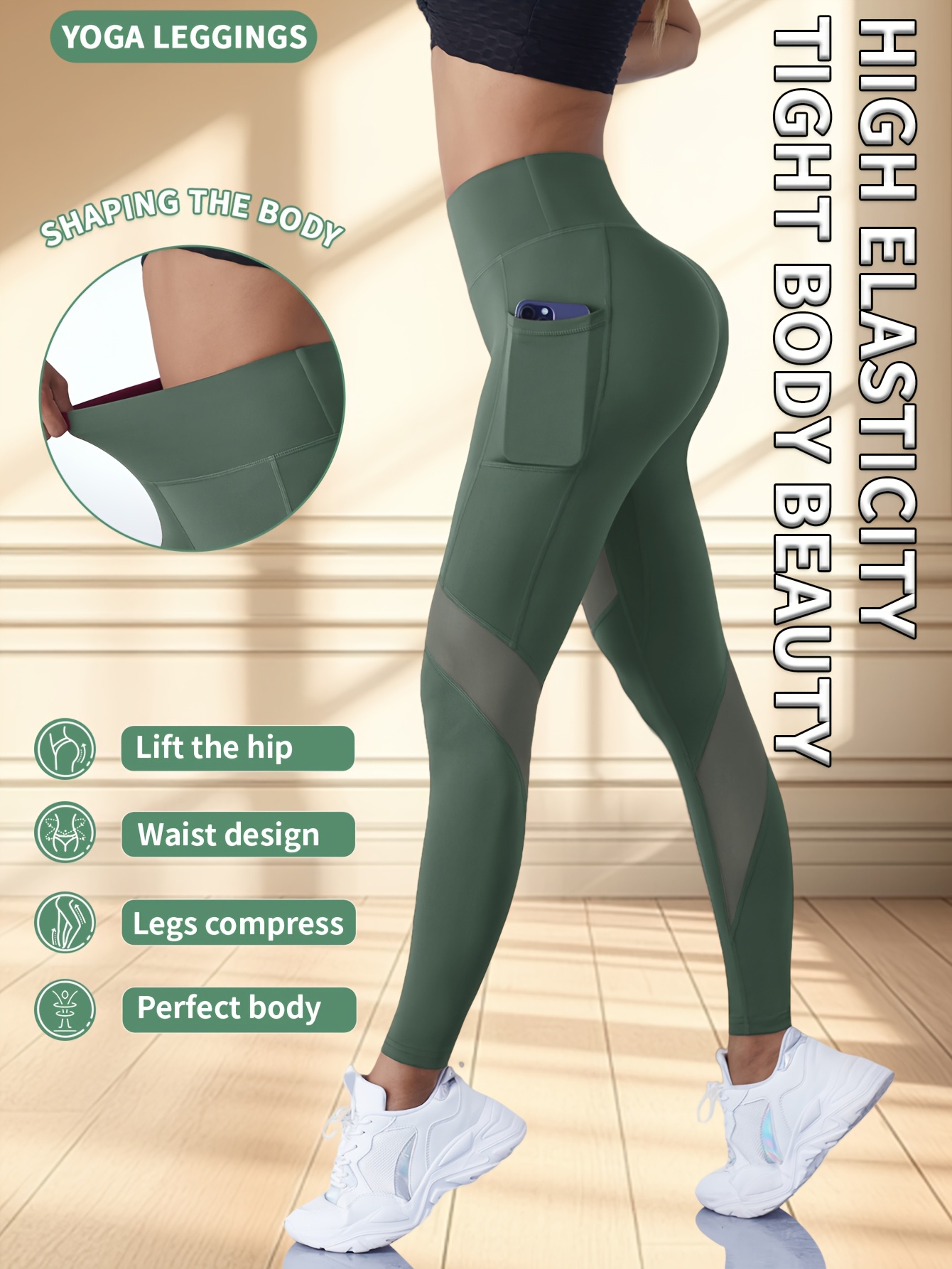 Yoga Tights with Abdominal Reduction and Contrast Color Mesh Fitness Gym Tights with Side Phone Pockets Yoga Leggings