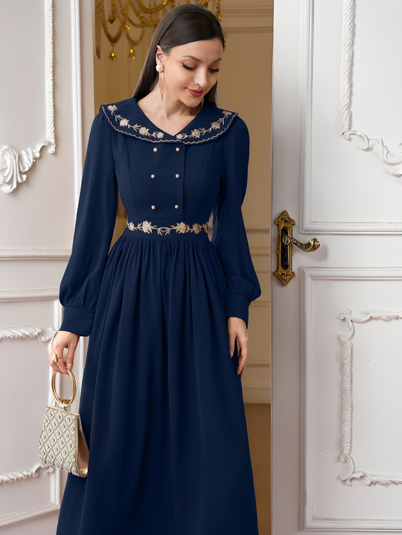 chinese dress ladies Bronze Satin Wrap Maxi Dress with Collar M