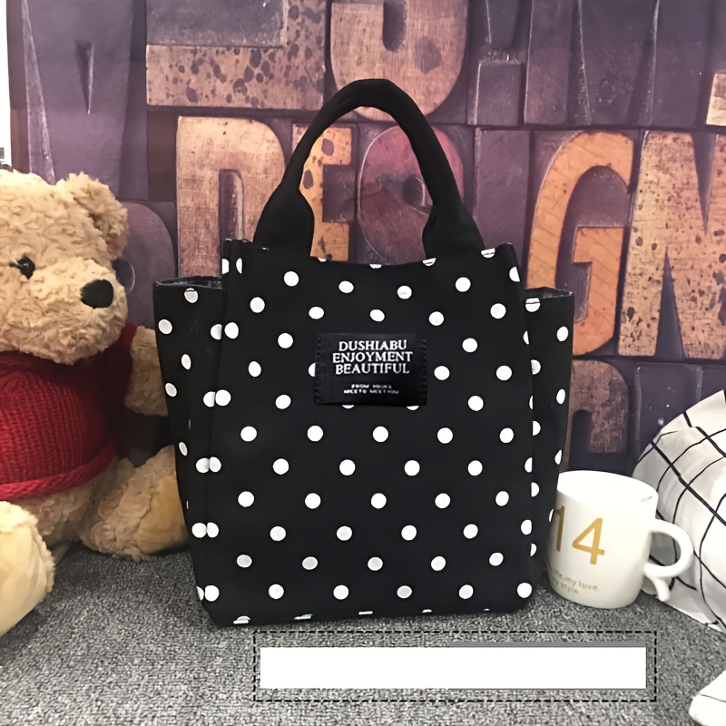 Image of Versatile Black Polka Dot Handbag For Women - Casual Synthetic Fiber Handbag With Magnetic Closure, Ideal For Lunch, Bento, Or Mommy Use