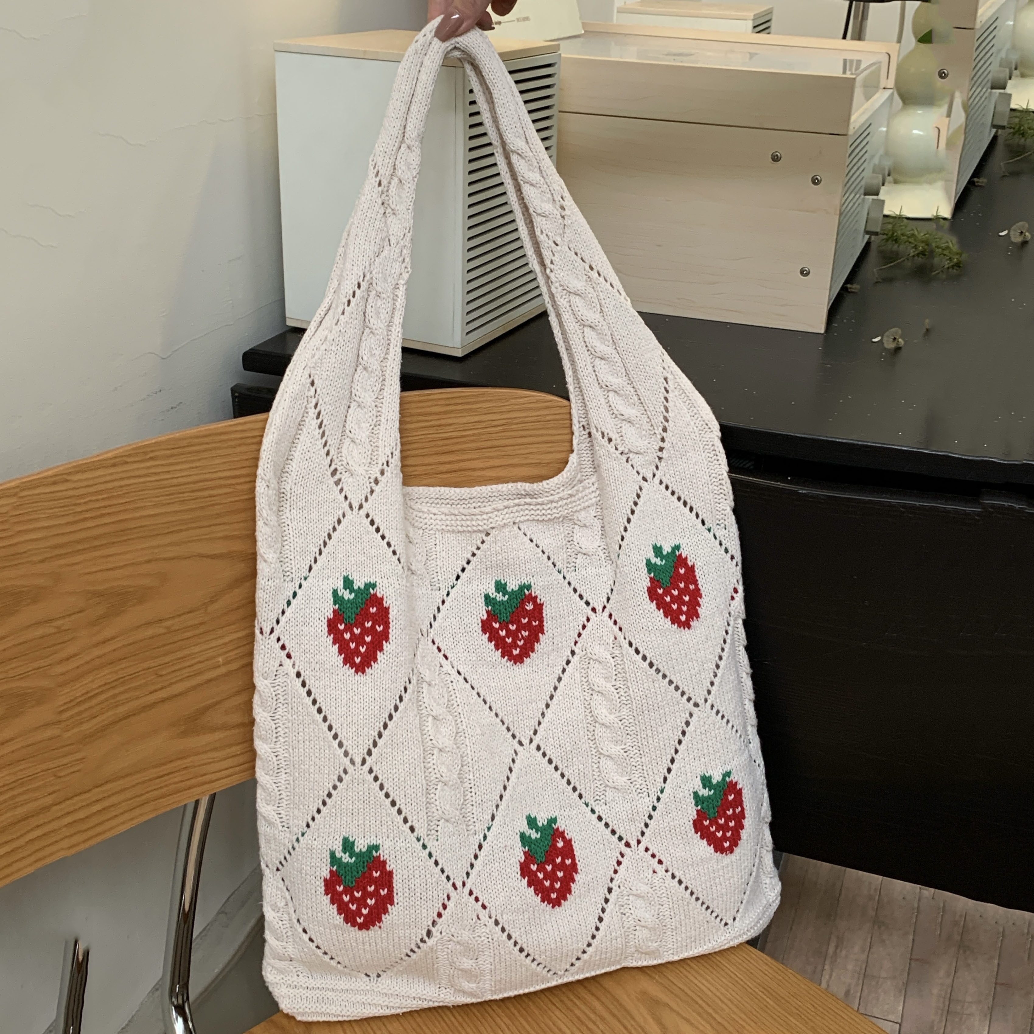 cute strawberry cherry pattern tote bag crochet shoulder bag