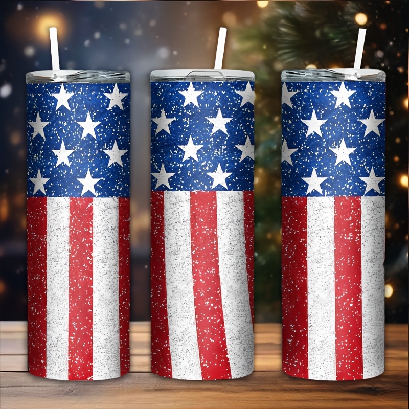 TEMU Patriotic American Flag 20oz Stainless Steel With Lid & Straw - Insulated Travel Mug, Reusable & Bpa-free, Holidays, Birthdays, Christmas & New Year Gifts