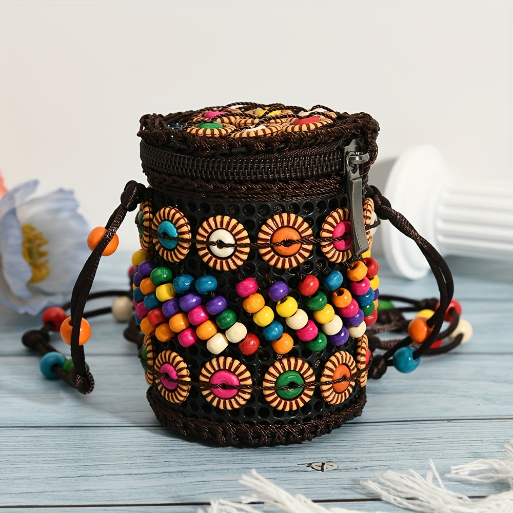 

Bohemian Style Geometric Patterned Crossbody Bag With Beads, Zipper Closure, Canvas Lined, Plastic Material, Ethnic Handcrafted Coconut Shell Design, Ideal For Women's