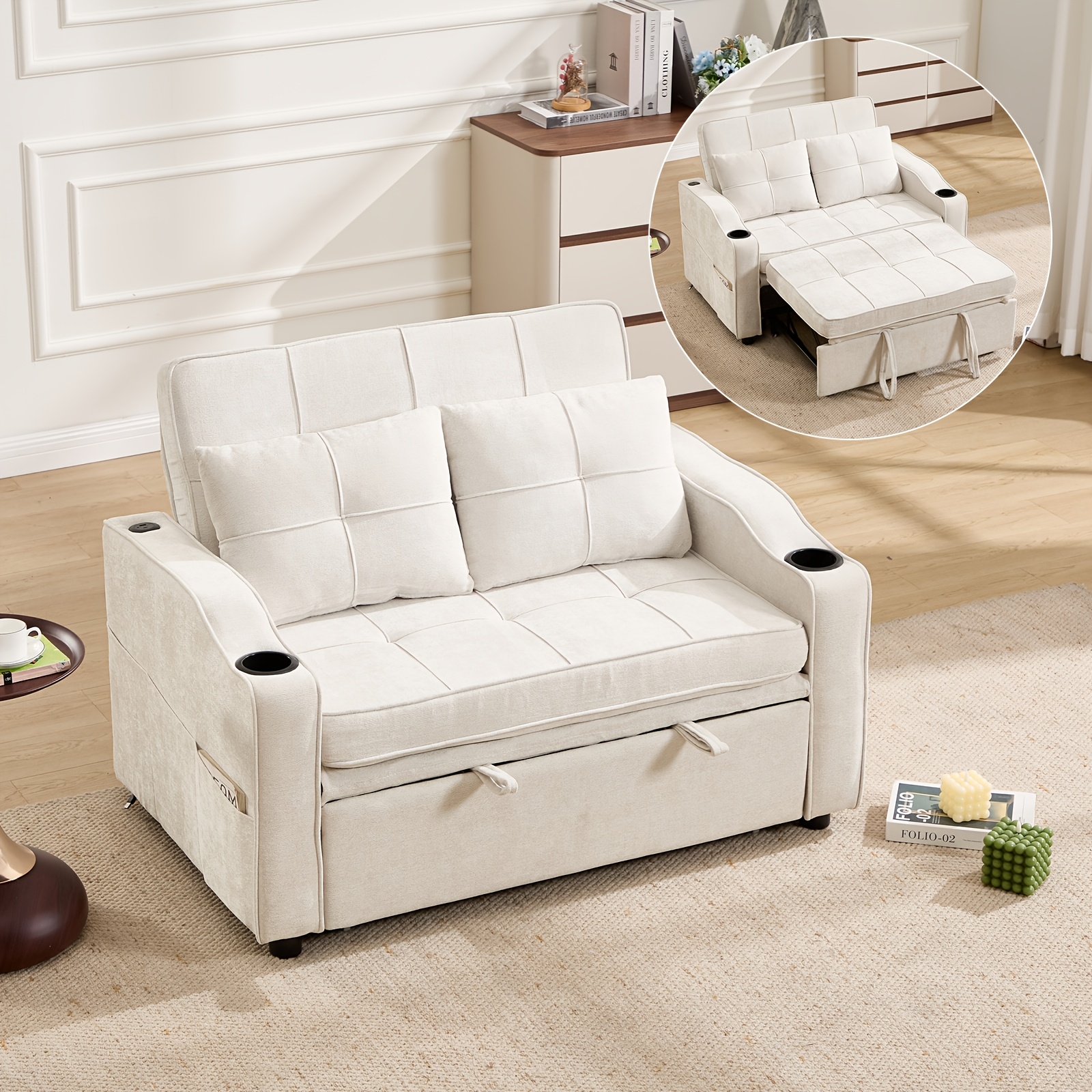 Image of Wide Modern Stretch Sofa Bed, , With Adjustable Backrest And Cup Holder