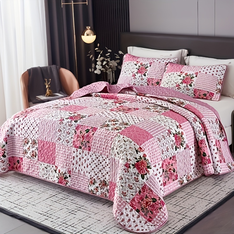 3pcs Sweet Pink Quilted Bedspread Set, Floral Print, Includes 1 Bedspread And 2 Pillowcases, Machine Washable, , Soft, Breathable And Comfortable Bedroom Dormitory Decoration Bedding Set