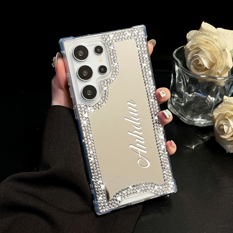 TEMU Phone Case: Personalized Names Initials Rhinestone Makeup Mirror Phone Case For For Galaxy S25 S24 S23 S22 Shockproof Protective Cover
