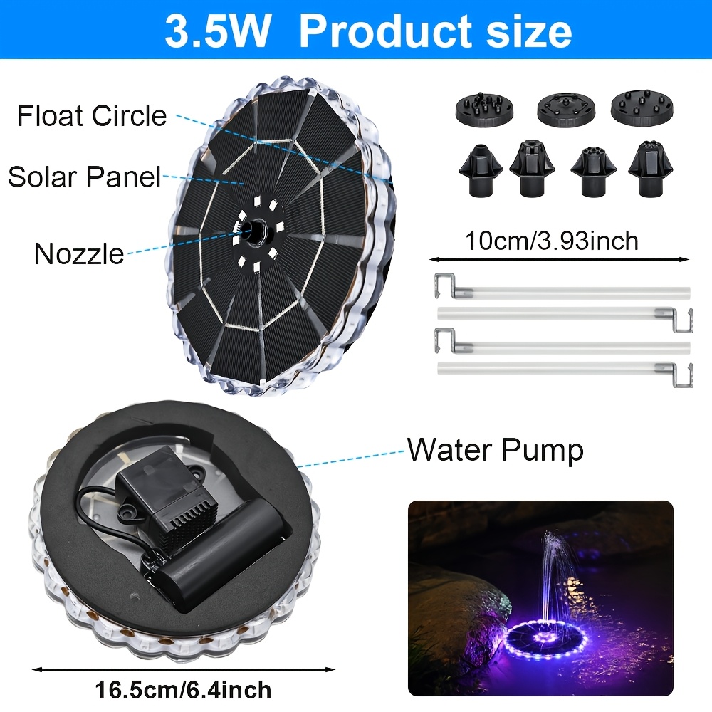 E-shop Solarbetriebener automatischer Brunnen, 32 farbwechselnde LED-Lichter, ausgestattet mit 1800-mAh-Akku, 7-in-1-Düse, 3,5-W-Solaranteichbrunnen,