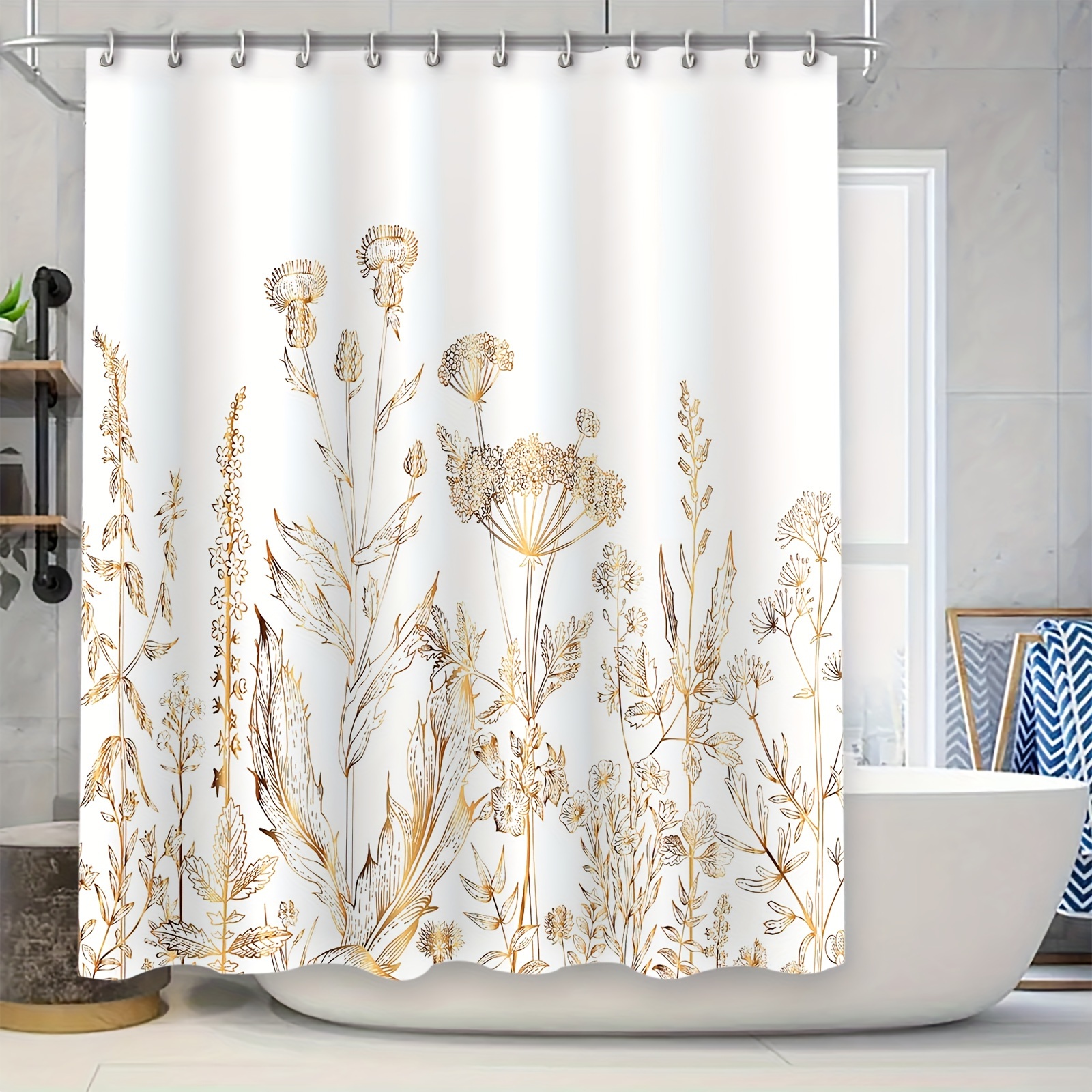 

1pc Gold Floral Botanical Shower Curtain, 70.8x70.8 Inches, Waterproof Bathroom Decor With 12 Hooks, Rustic & Elegant Bath Divider, Mold Resistant Washable Fabric For Bathroom