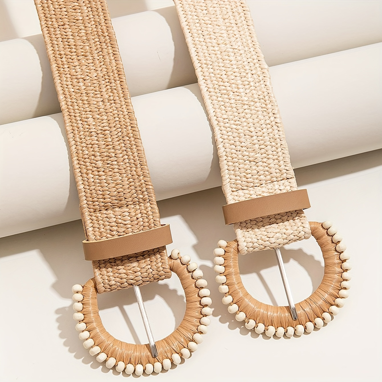 2pcs Women's Spring/Summer Bohemian Half-Round Beaded Button PP Straw Strap Beach Vacation Outfit Set