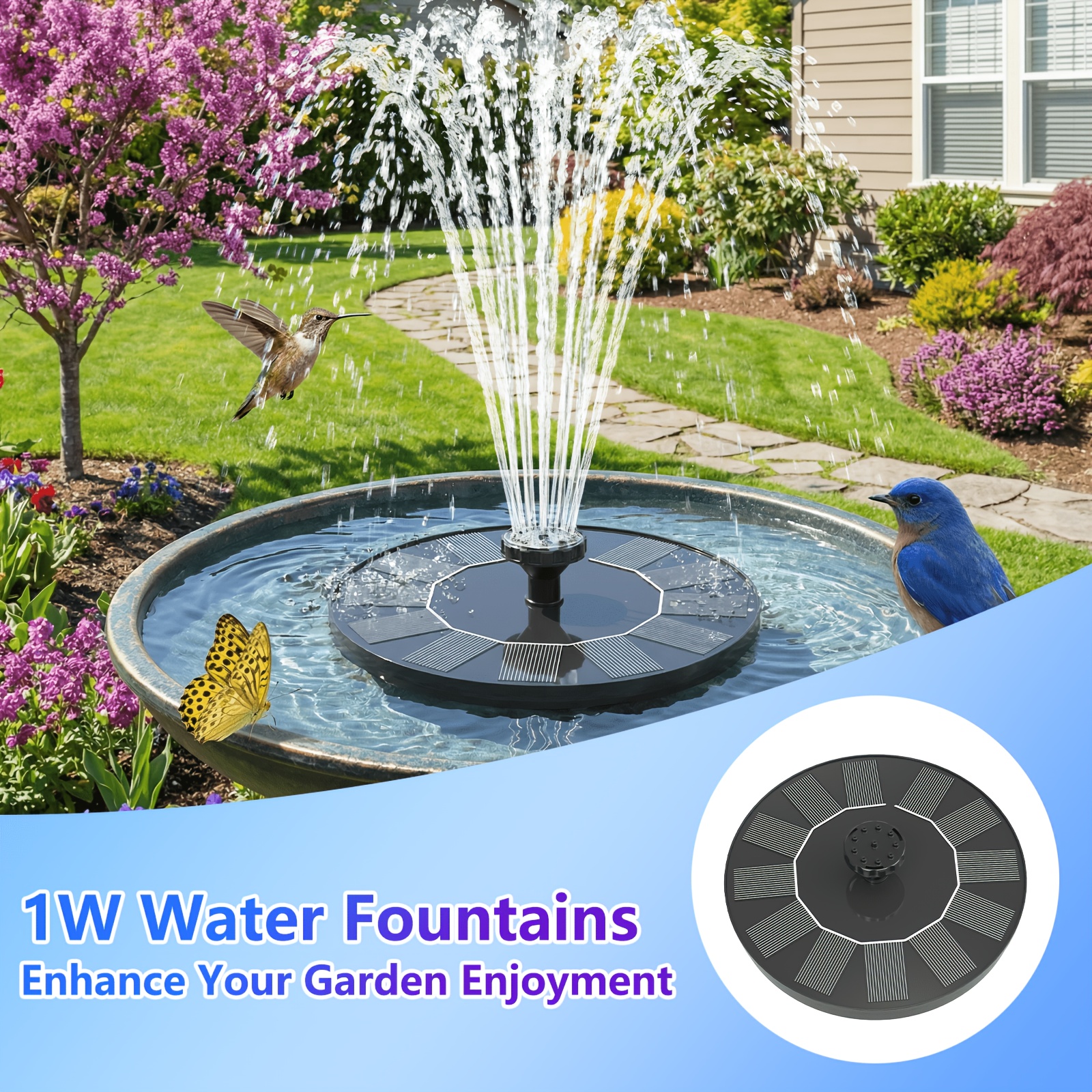 E-shop 1W-3.5W IPX8 Solarbetriebene Wasserspringbrunnen, Solarbetriebene schwimmende Wasserpumpe für Vogelbad, Solarbrunnen, Wasserfallbrunnen, Kleine