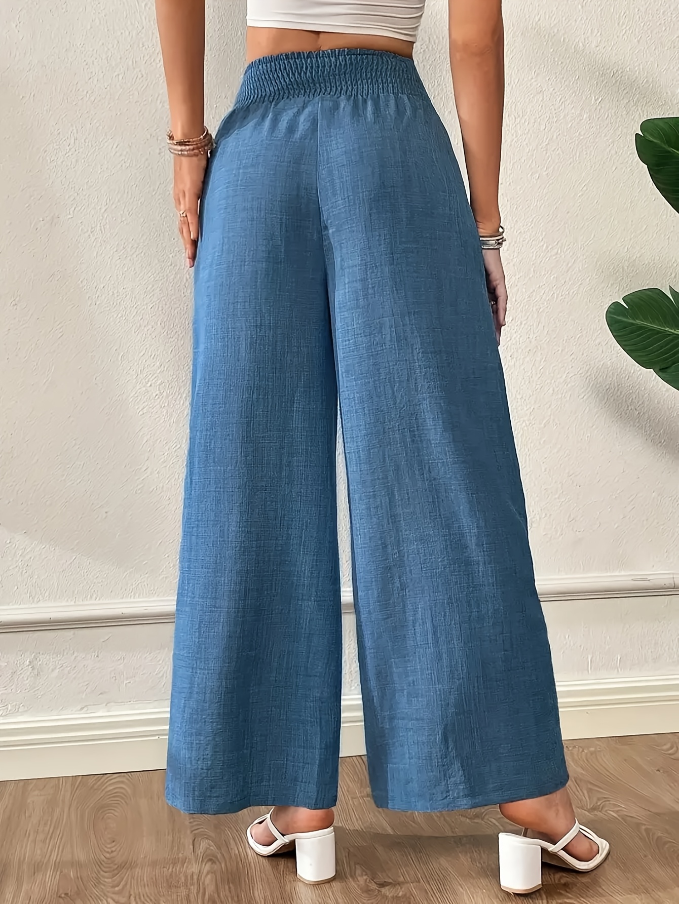pantalon large coupe   bleu - polyester, couleur  , ceinture plissée, idéal pour printemps été automne, mode adulte, tenue décontractée | texture Détails du produit 0