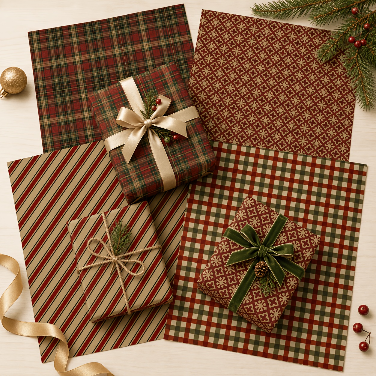 TEMU 4 Fogli Rotolo di Carta da Regalo LIVOTA Vintage a Quadri e Righe Adatta per Regali di Natale, Capodanno, Compleanni, Matrimoni - Rivestimento