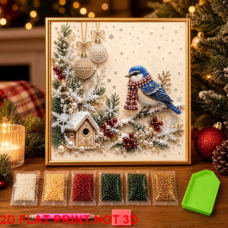 TEMU New Colored Pearl Diamond Painting Kit, Bird On Branch Design, Pearl Gemstone Embellishment Christmas Cottage And Pine Branches, Suitable For