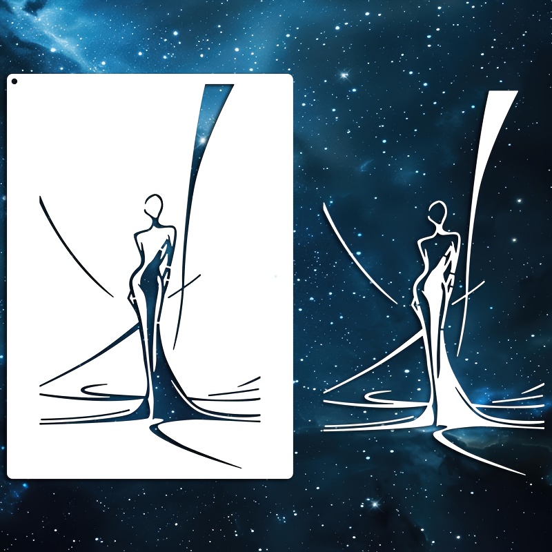 E-shop 1 Set mit 1 Blatt, minimalistische Schablone einer eleganten Frau im Kleid, wiederverwendbare Malvorlage für Bastelarbeiten, Malerei, Leinwand,