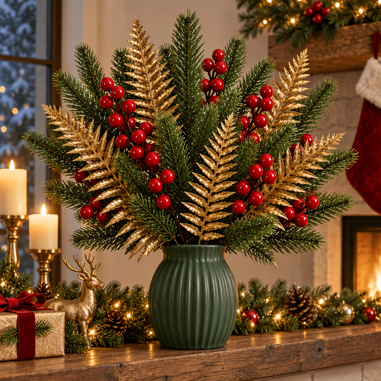 TEMU 22pcs Premium Christmas Golden Persian Leaf Pine Needle Red Accent Combination Floral Arrangement, Layered Festive Vase Filling And Table