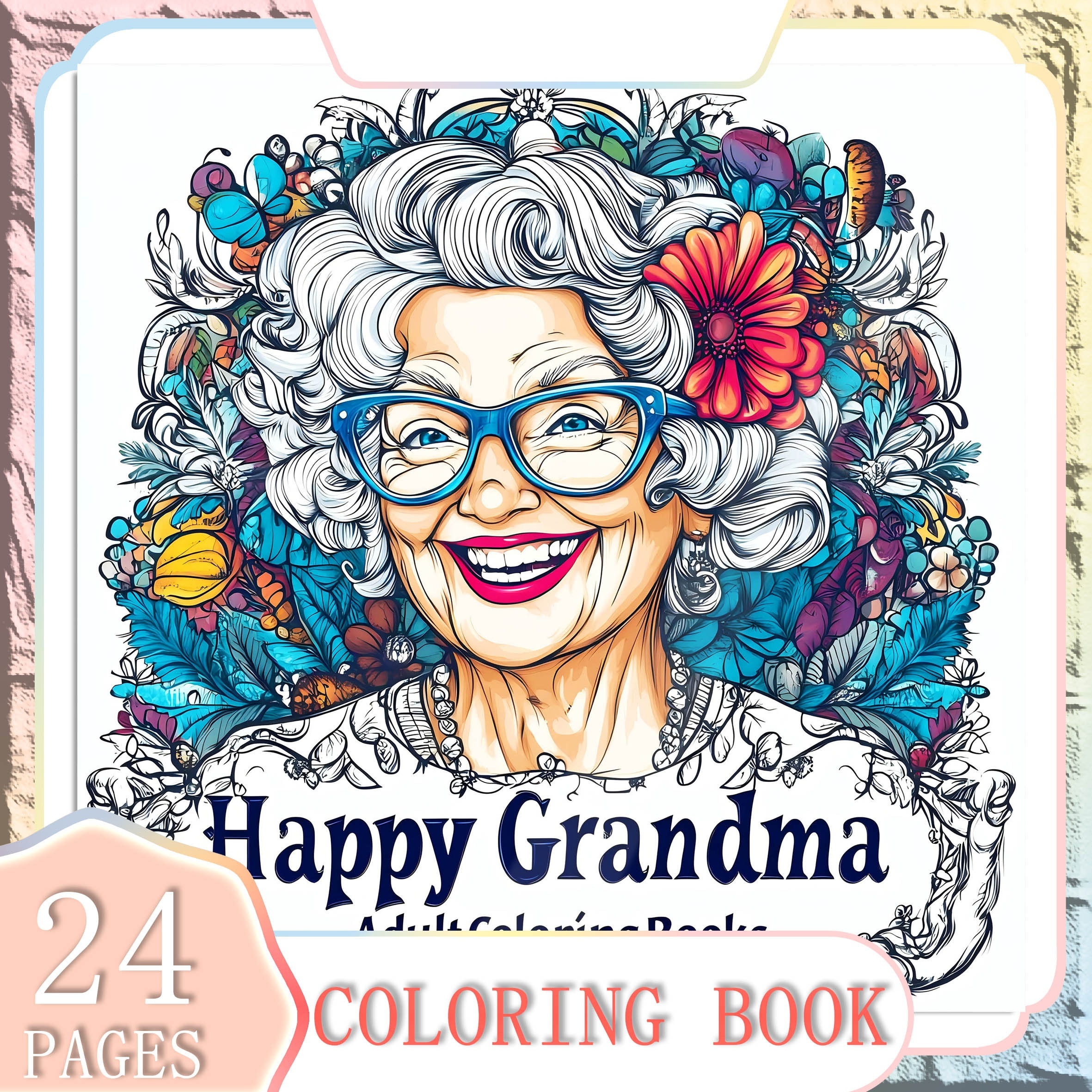 

Happy Grandma Themed Adult Coloring Book - 24 Pages, Heavy Paper, Single-sided, 7.9" Square - Perfect Gift For Family & Friends, Ideal For Christmas, Halloween & Relax, Grandma Gifts