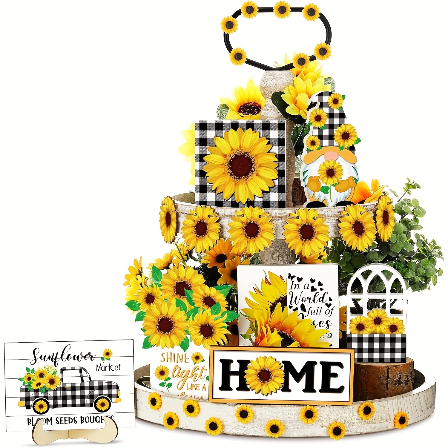 

12-piece Sunflower Farmhouse Tiered - Wooden Home Decor For All , Tabletop Decorations, Use, No Electricity Required, Featherless