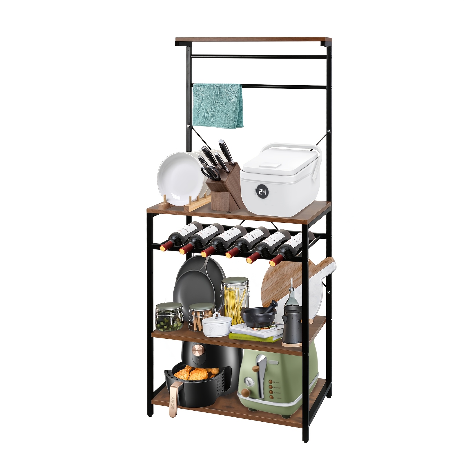TEMU Estante de cocina vertical multifuncional, soporte grande para microondas con 8 ganchos, diseño de almacenamiento multicapa, estante de