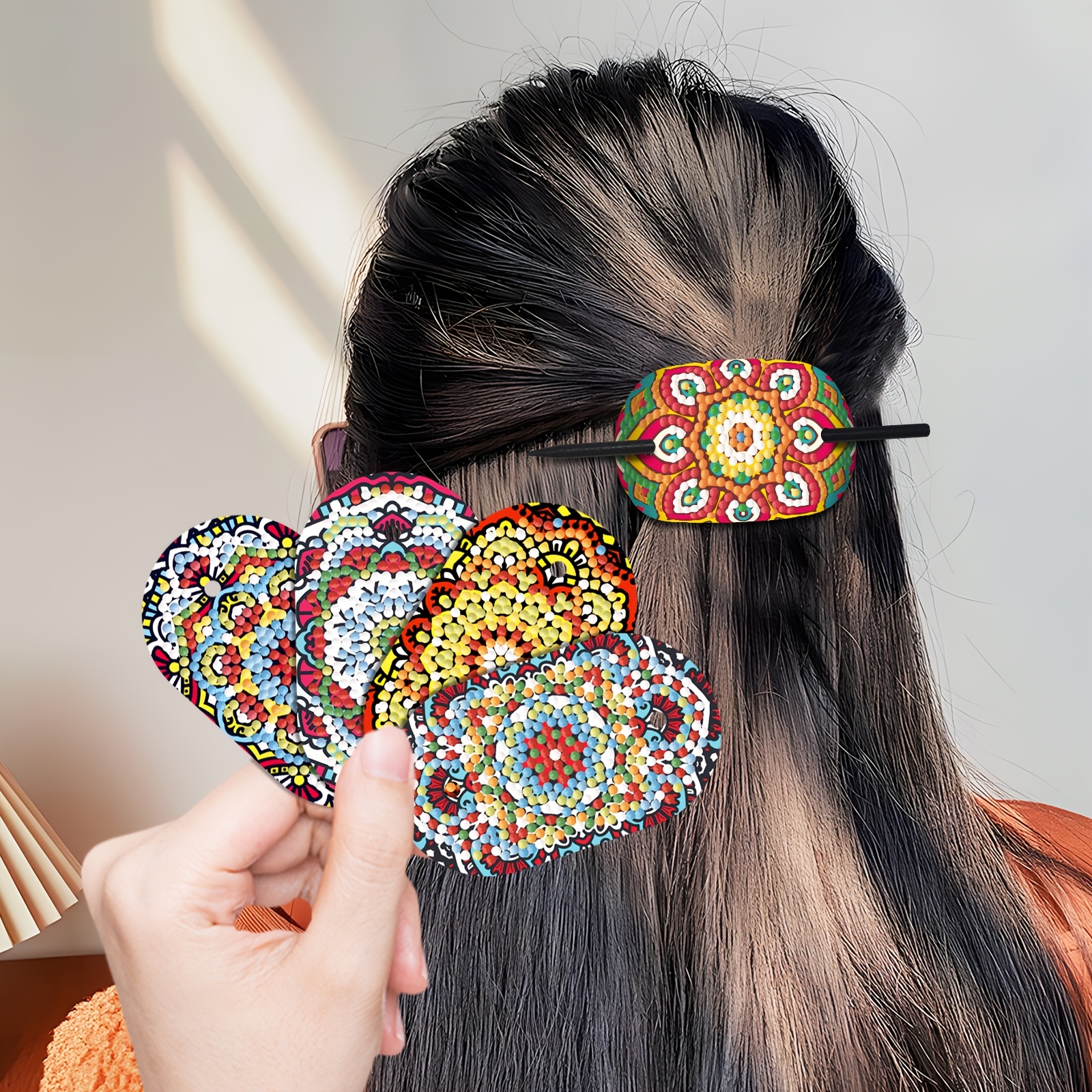 

5pcs Mandala Flower Kit, Round Diamond Art Craft Set, Wooden Diy Mosaic , Vintage Creative Series, With Hair Clips & Pu Leather For Beginners, For &