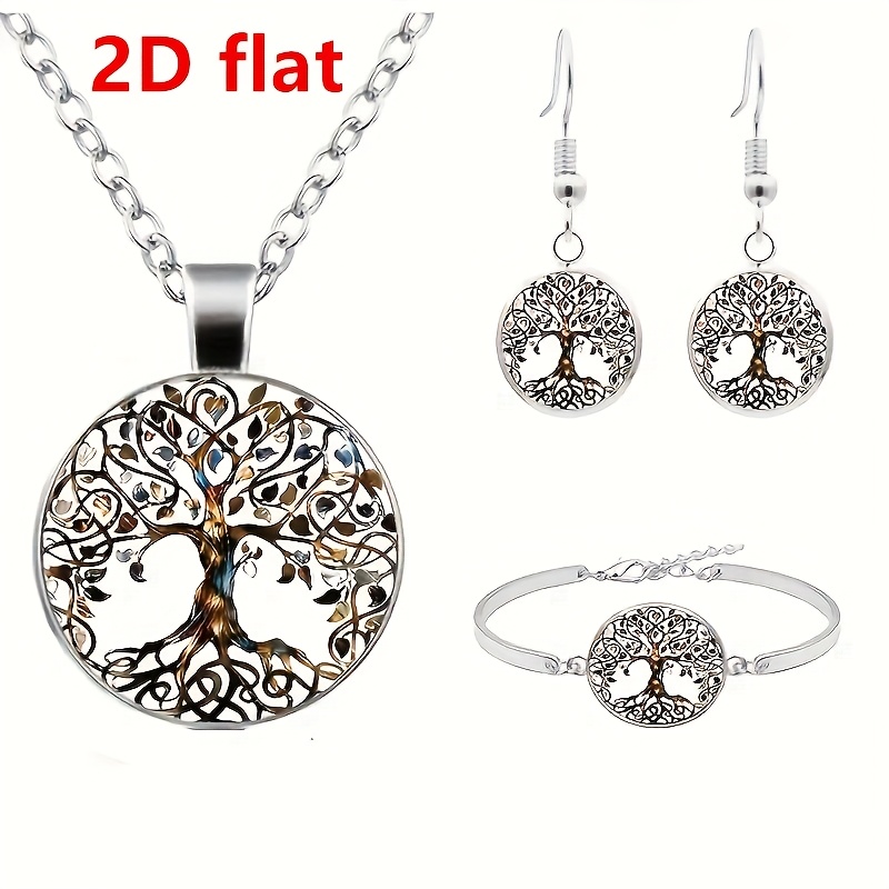 Image of 2d Flat Fashion Jewelry Tree Of Life Glass Cabochon Alloy Necklace & Earrings & Bangle Set ( 4pcs) Charms Necklace & Earrings & Bracelet Bangle Women's Jewelry Creative Gifts