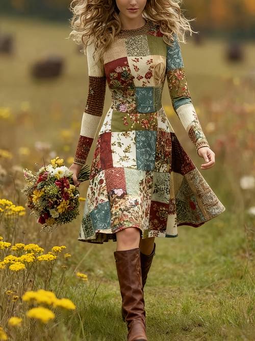 womens style bohemian vintage waist cinched long dress for spring autumn long sleeve printed dress asd1