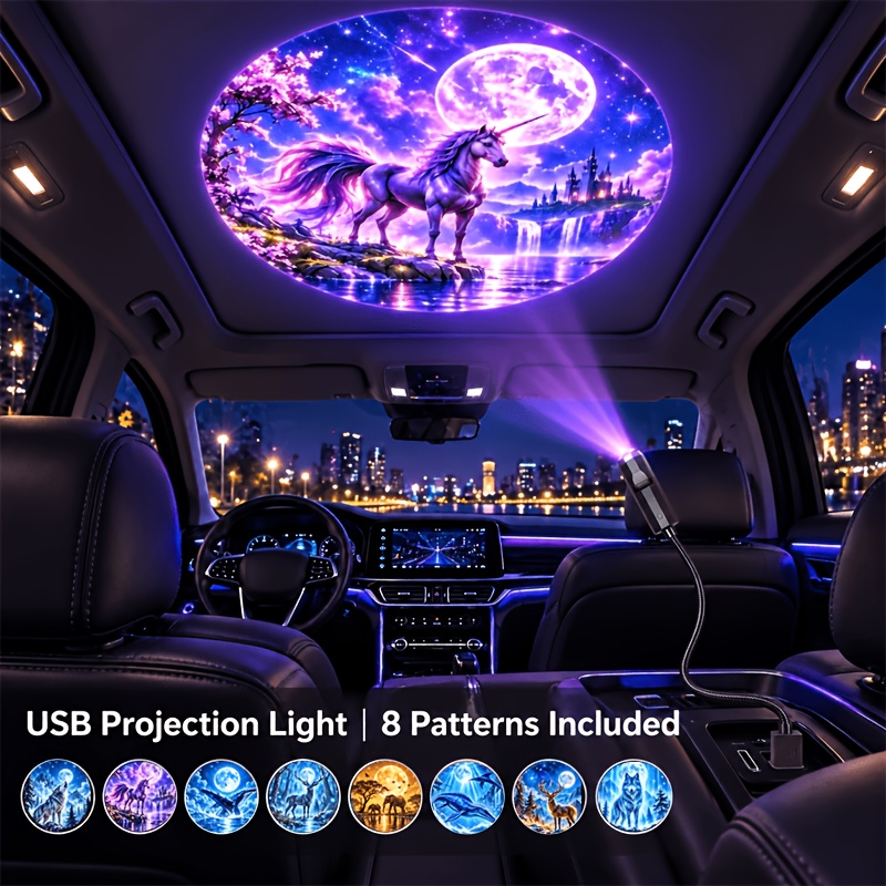 TEMU Usb Projection Light With 8 Interchangeable Fantasy Patterns, 360° Flexible Gooseneck Mini Projector Lamp For Car, Bedroom, Living Room, Party,