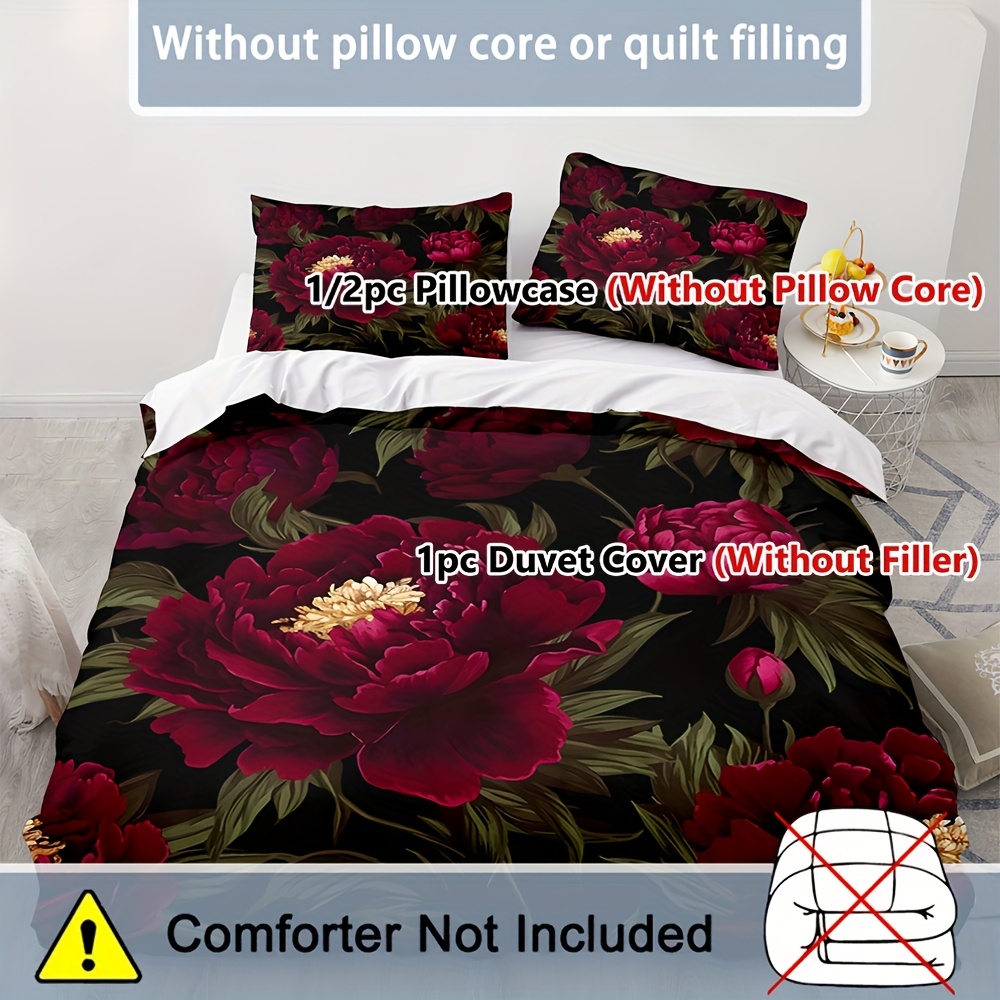 Image of 2/3pcs Elegant And Beautiful, Red Flowers, , Floral Bedding, Duvet Cover Set, Zipper Closure, Machine Washable (1 Duvet Cover And 1/2 Pillowcases, No Pillow Inserts)