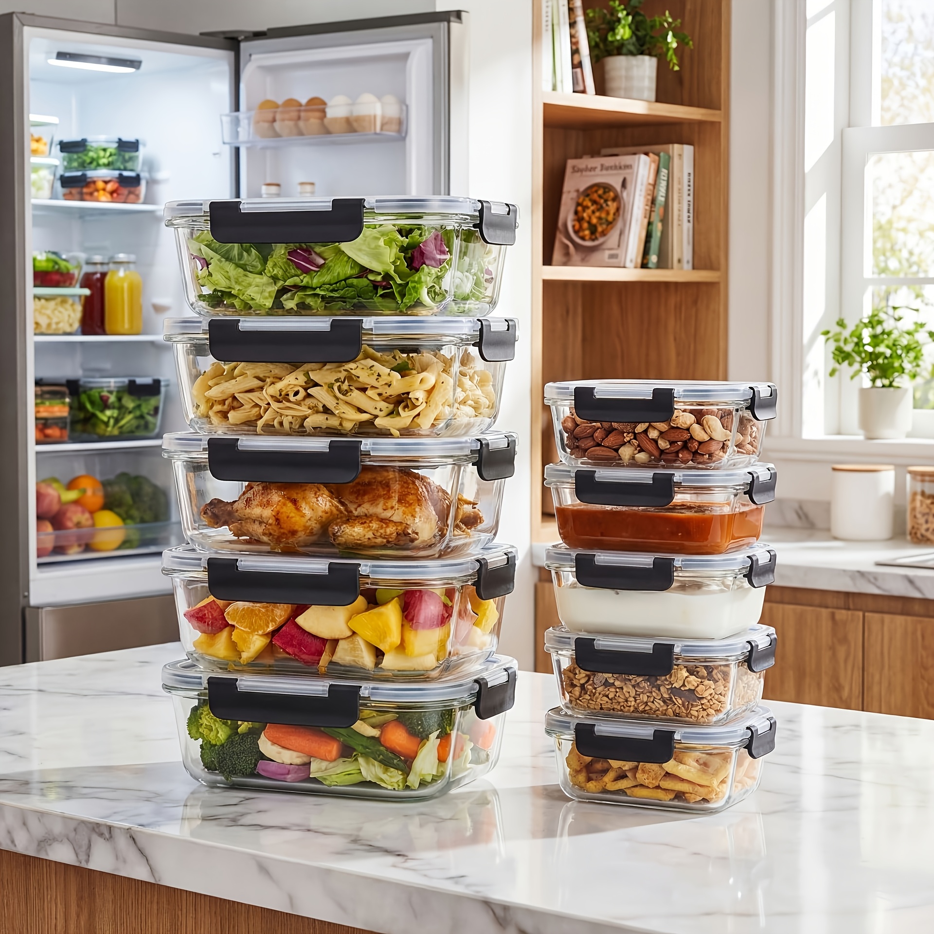 TEMU 10pcs Set Of Large-capacity Transparent Stackable Refrigerator Storage Containers With Lids, Airtight Freezer And Fridge Food Storage Boxes For