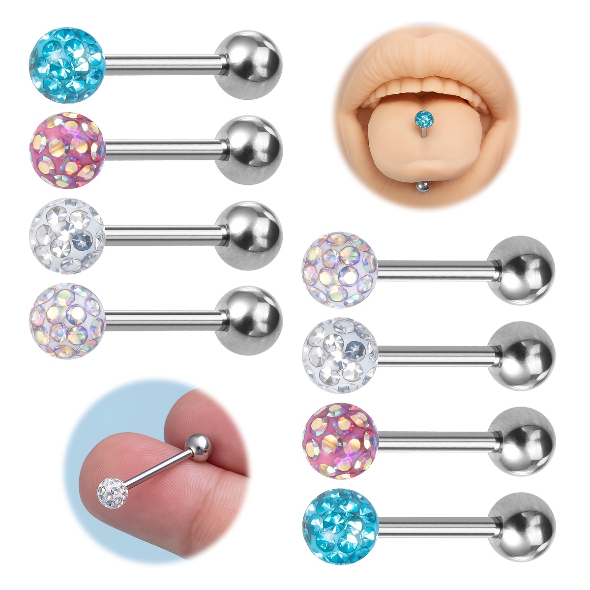 

Ensemble de 1 ou 4 anneaux de langue étincelants en strass, fabriqués en acier inoxydable, avec un droit de 16 mm pour les piercings de langue, ornés de et de taille 14 gauge.