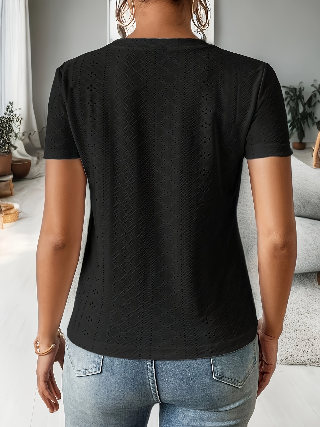 Eyelet Crew Neck T-Shirt, Casual Short Sleeve Top For Spring & Summer, Women's Clothing