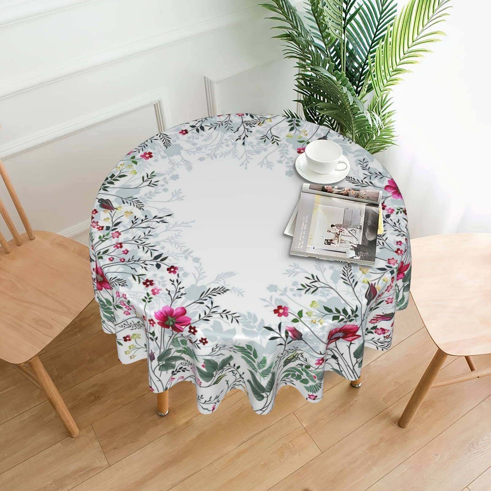 Image of Round Polyester Tablecloth | Watercolor With Pink, Red & Green Flowers | Machine, Washable | Ideal For Kitchen, Dining Room, Picnic & Patio Parties, Outdoor Table Cloth