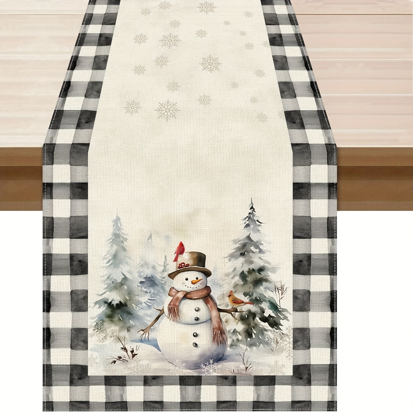 

Snowman & Linen Table Runner - Watercolor Design For Christmas, Farmhouse Decor, Dining & Kitchen