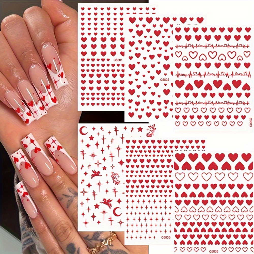 

6 Sheets/set Valentine's Day Nail Art Stickers, Love Heart & Star Designs In Red, Black, White & Golden Colors, Self Adhesive Nail Decals For Diy Manicure Decor