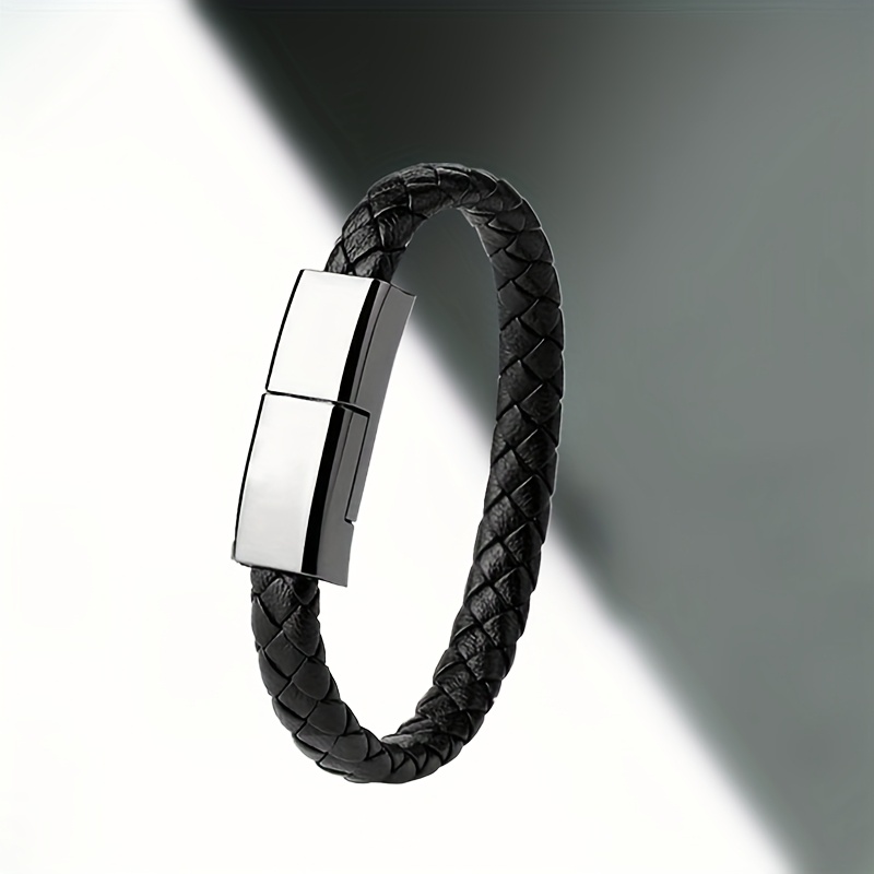 22cm/8.66inch Wearable Usb Charging Bracelet Cable, Double Braided Leather Wrist Travel Charger Cord For Type-c And Micro Mobile Phones