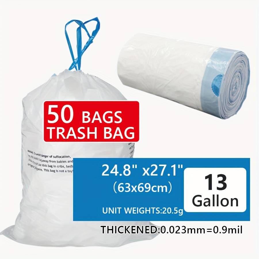 

13 Gallon Trash (50 ) Drawstring , Thickened: 0.9mil, Size:23.8"x27.1", Bathroom, , Liners , Shopping Malls Disposable Bag, Supermarkets, Bag Disposable, Weight:20.5g