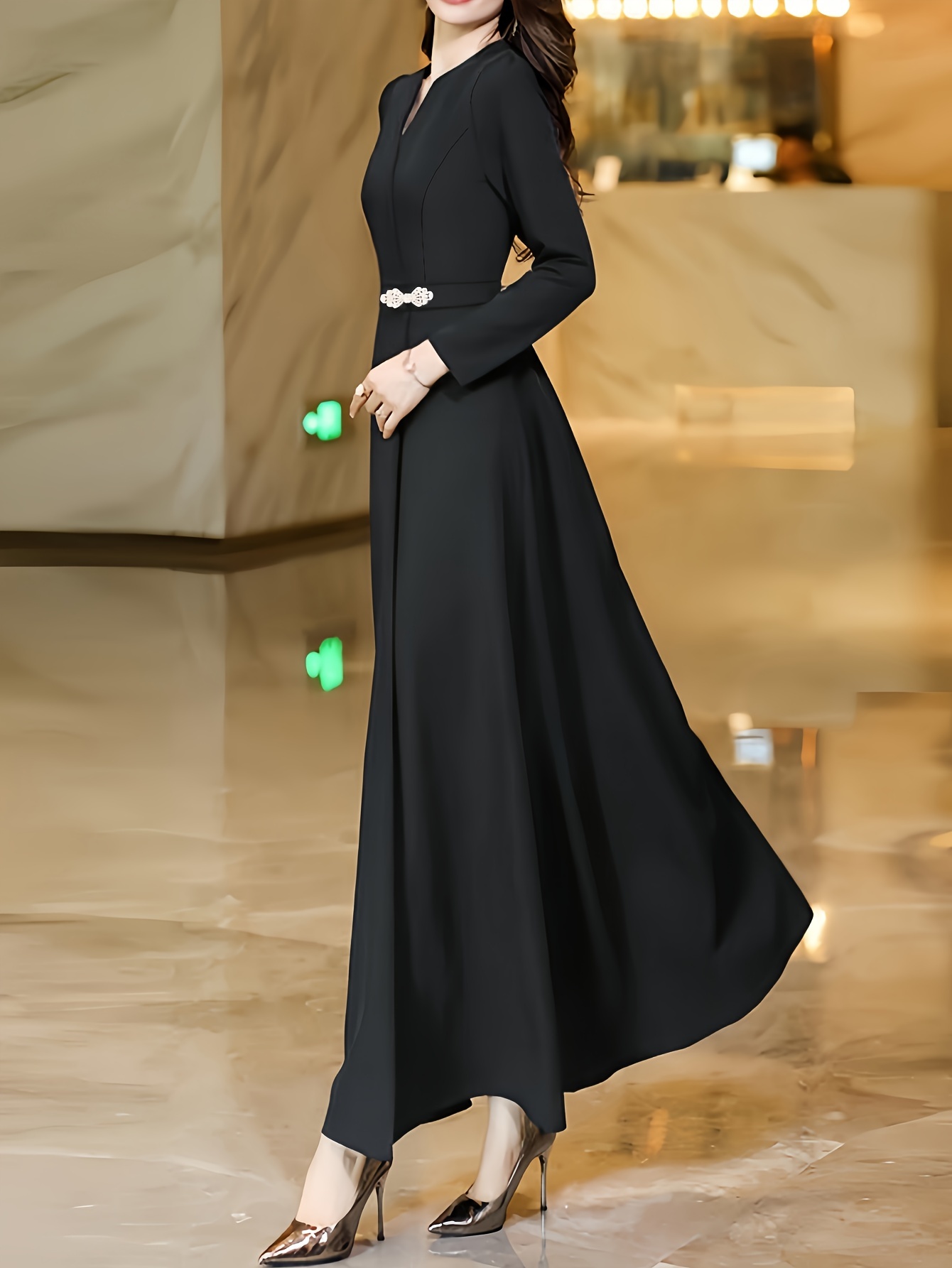 Women's *-Fit V-Neck Long Sleeve Dress with Cinched Waist & Tummy Control -  Elegant A-Line Swing Skirt, Machine Washable Solid Color Dress for  Spring/Summer * Wear, Summer Outfit, Flattering ...