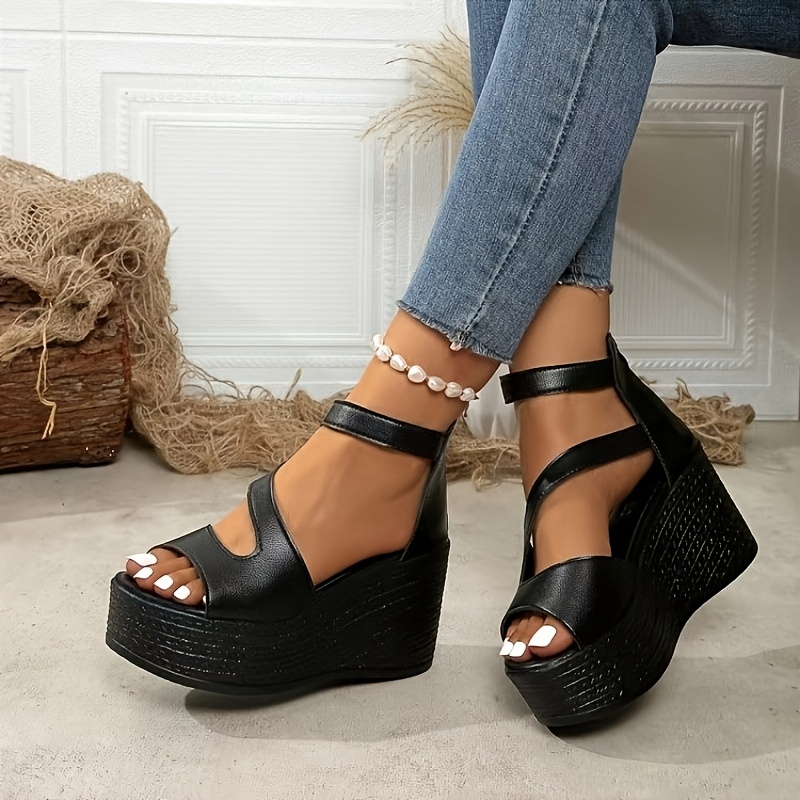 Elegant Women's Black Platform Wedge Sandals Comfy Thick Sole with Ankle  Strap, Open Toe Design Cover, Ideal for Casual or Dressy Occasions, S