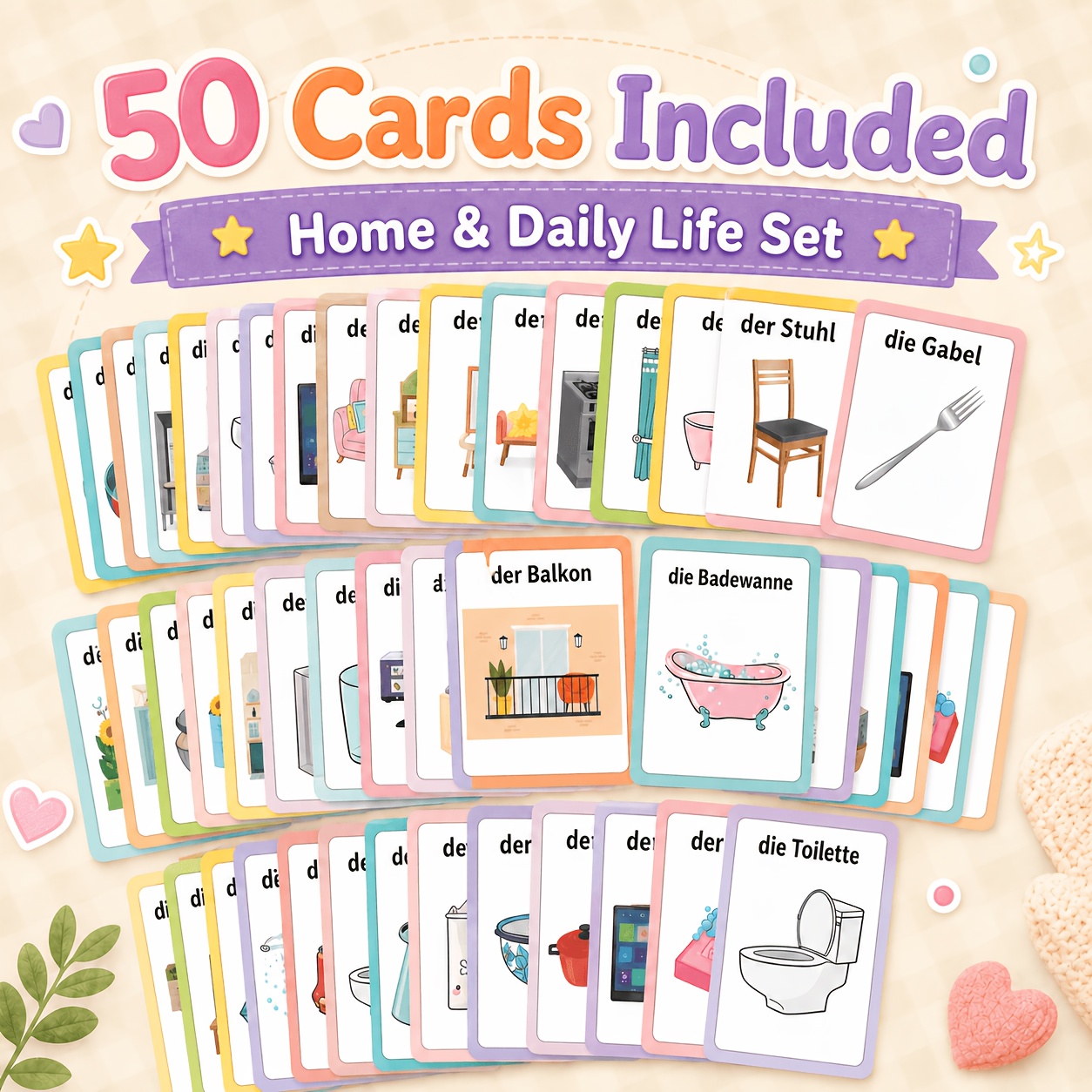 Image of 50 German Vocabulary Picture Flashcards, Basic German Words, Daily And Common Phrases, Portable Visual Reference Card Set For Adults