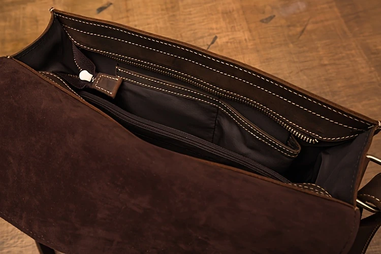 mens vintage style genuine leather messenger bag with adjustable strap casual handcrafted crossbody satchel with multiple pockets scratch repairable daily accessory details 17