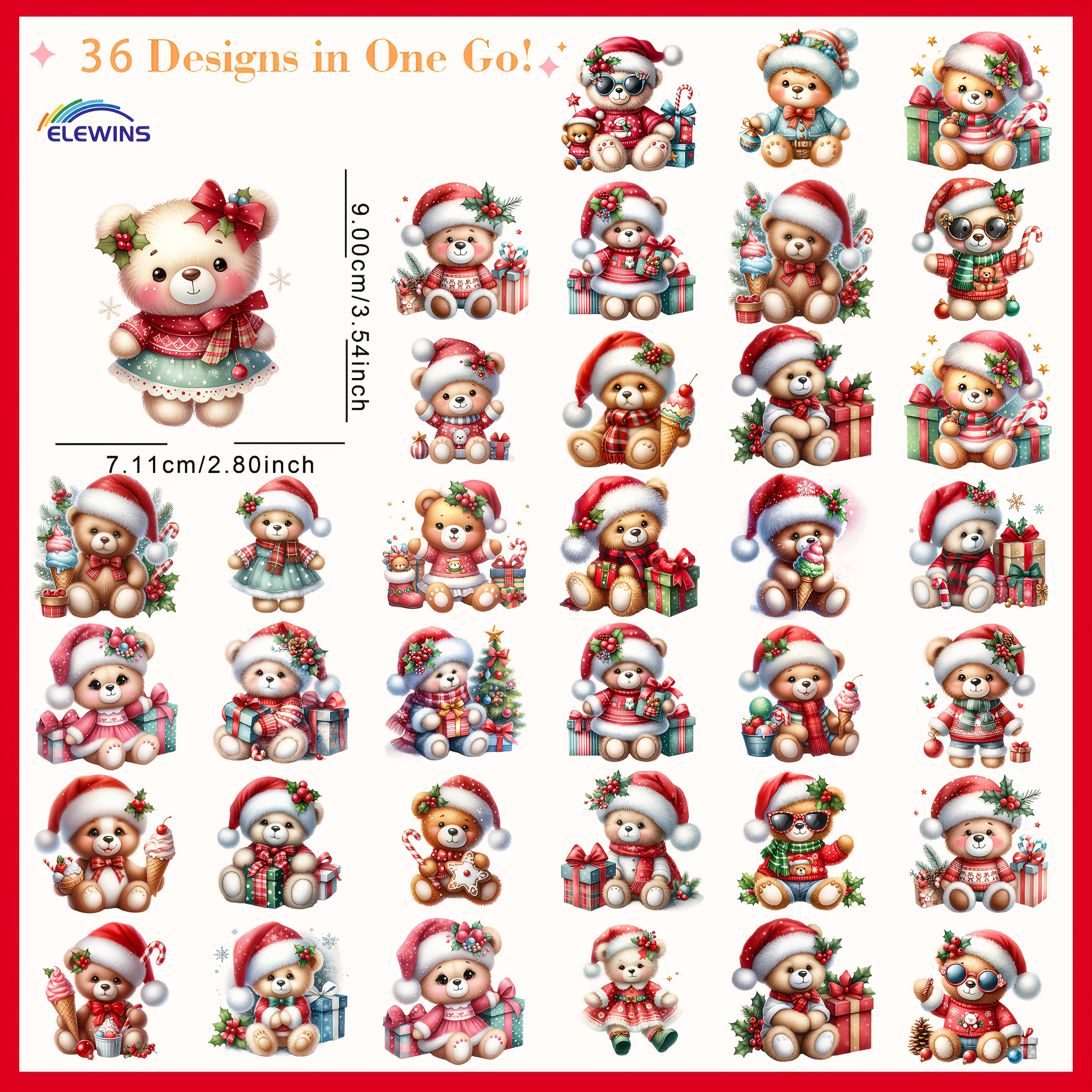 TEMU Set de 36 pegatinas termoadhesivas de de peluche navideños con gorros de Papá Noel, regalos y en colores y . calcomanías de transferencia de